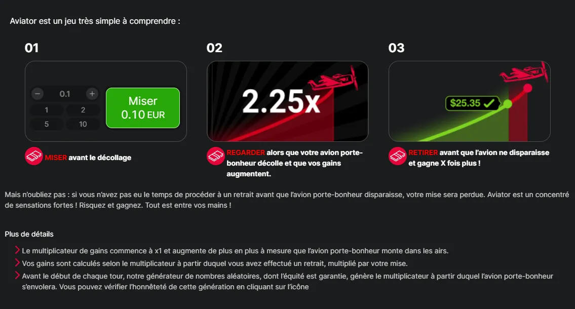 Les trois étapes du jeu Aviator